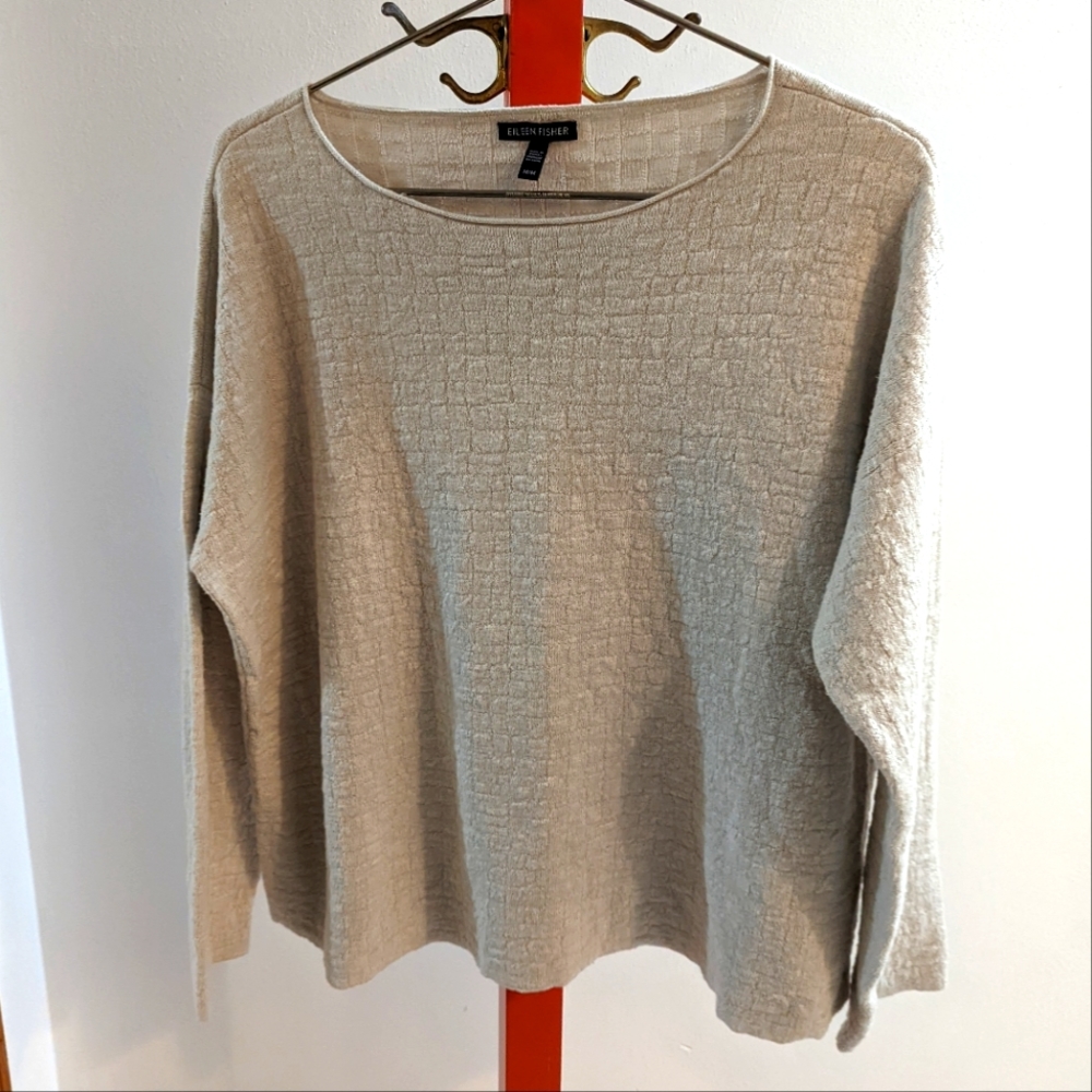 Eileen Fisher Light Beige Cream Square Texture Scoop Neck Sweater Medium